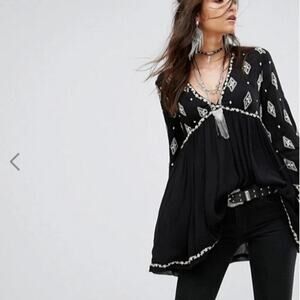 Free People Diamond Embroidered Smock Tunic Top Peasant Boho Oversized Size XS